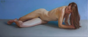 Original framed Oil Painting Female Nude Girl artwork brunette hair woman blue - Picture 1 of 5