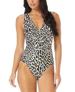 Carmen Marc Valvo Animal-Print Surplice One-Piece Swimsuit, Black, 6, 10 - Picture 1 of 4