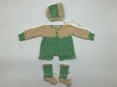 Vintage Handmade crochet Baby Sweater,Bonnet, Booties Green & ivory size Newborn - Image 1 of 4