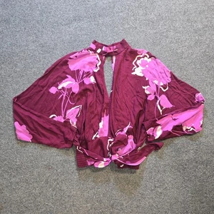 Free People Top Women Size Small Purple Pink Floral Tie Waist Crop V Neck Casual - Picture 1 of 11