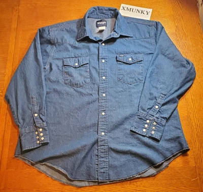 Vintage Wrangler Denim Pearl Snap Shirt Men’s XXL 2XL Blue Western Flap Pockets - Image 1 of 4