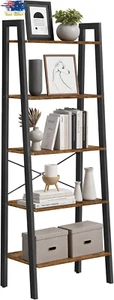 5-Tier Industrial Ladder Shelf Wood Bookcase Metal Frame Rustic Brown 67.7" - Picture 1 of 12