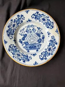 Ancienne assiette florale émaillée en étain style Delft Kraak hollandais XVIIIe - Photo 1 sur 10