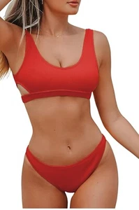 CUPSHE Women Swimsuit Bikini Set Two Piece Ribbed Texture Side Cutout Tank Top S - Picture 1 of 3