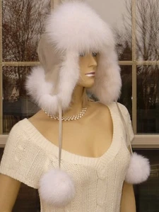 HERMOSO SOMBRERO USHANKA DE CUERO DE PIEL DE ZORRO BLANCO TRAMPERO NUEVO - Imagen 1 de 5