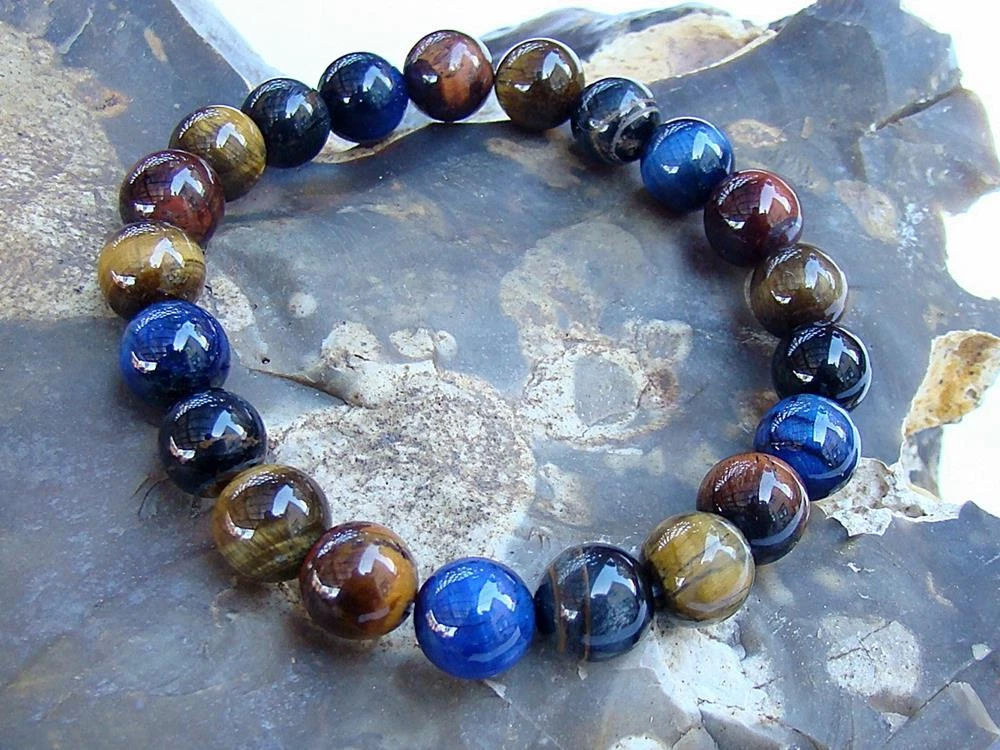 Bulova Men's Tiger's Eye Beaded Bracelet With Magnetic Clasp - Stainless Steel & Lava Bead Luck Bracelet (Model J96B020L)
