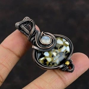 Oval Copper Black And White Turquoise Stone Rainbow Moonstone Copper New Pendant - Picture 1 of 6