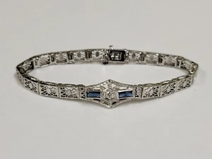 10k Vintage Filigree Diamond & 2 Baguette Sapphires White Gold Bracelet 6.25" - Picture 1 of 14