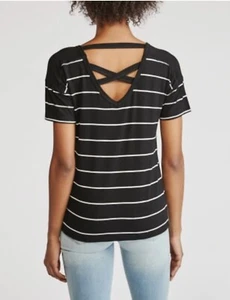 Design History Women S/S Cross Back Top Onyx/ Pearl Stripe Med NWT - Picture 1 of 3