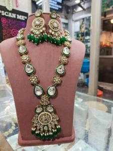 Elegant  Kundan Polki CZ Long  Green Necklace With Earring Gift Of Beauty. - Picture 1 of 4