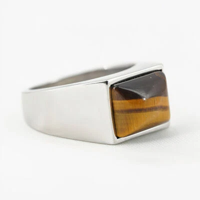 Anillo cuadrado de piedra de ojo de tigre de acero inoxidable para hombre banda de motociclista talla 7-12 Foto 1 de 4