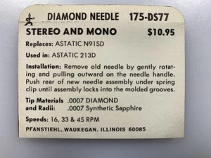 NOS PFANSTIEHL #175-DS77 STYLUS NEEDLE Replacement for ASTATIC N91SD - Picture 1 of 2