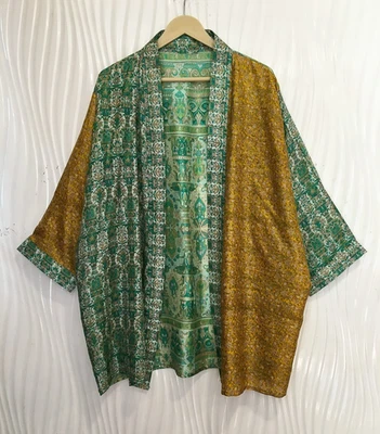 Jaqueta cardigã curta de seda pura quimono espanador capa roupão solto off-white KMS3727 - Imagem 1 de 4