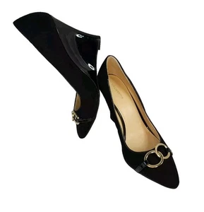 Liz Claiborne Damen 9 B Keilabsatz schwarz Wildlederimitat 4" Lackabsatz Gold Link Akzent - Bild 1 von 14