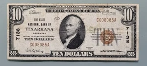 1929 Ten Dollar National Currency $10 Banknote - 7138 Texarkana Arkansas #96324 - Picture 1 of 2