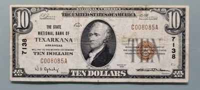 1929 Ten Dollar National Currency $10 Banknote - 7138 Texarkana Arkansas #96324 - Image 1 of 2