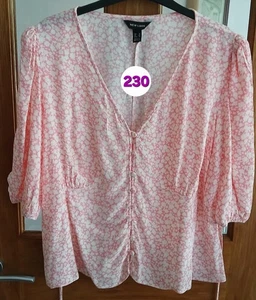 New Look Women's Pink Floral Blouse, 100% Viscose, Size 18, V-Neck, Puff Sleeve - Picture 1 of 9