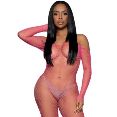 Bodystocking de red mangas largas fuera del hombro puro elástico rosa intenso 2359 Foto 1 de 4
