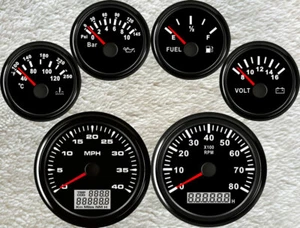 6 Gauge Set With Senders 40mph 85mm GPS Speedo Tacho Fuel Temp Volt Oil Pressure - Picture 1 of 8