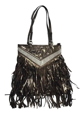 Charming Charlie Purse Tote Rhinestone Fringe Metallic Gunmetal Brown Bag EUC  - Image 1 of 4
