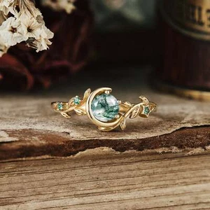 Anillo Ágata Musgo Natural Inspirado en la Naturaleza Diseño Estrella Luna Forma Hoja - Imagen 1 de 5