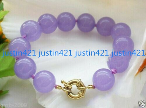 VALENTINO Bracciale con pietre preziose rotonde in giada lavanda viola naturale 12 mm 7 5" AAA