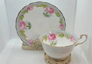 Tuscan Fine English Bone China Teacup & Saucer Blue Mosaic Border Roses - Picture 1 of 9