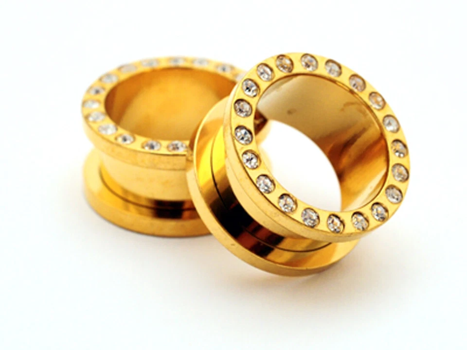 Par de túneles atornillados de acero tapones de circonita cúbica medidores elegir tamaño color Foto 1 de 1