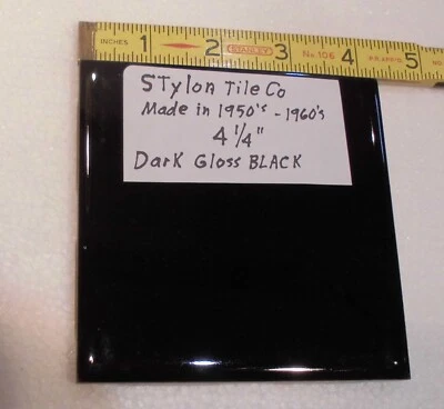 1 pc. Dark Gloss Black: 4-1/4" Ceramic Tile by Stylon Co.  Made in 1950's -60's - Image 1 of 4