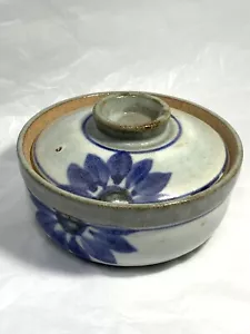 VINTAGE Ceramic TRINKET BOX Japan OMC Blue Flowers GREY Round Lid OTAGIRI - Picture 1 of 12