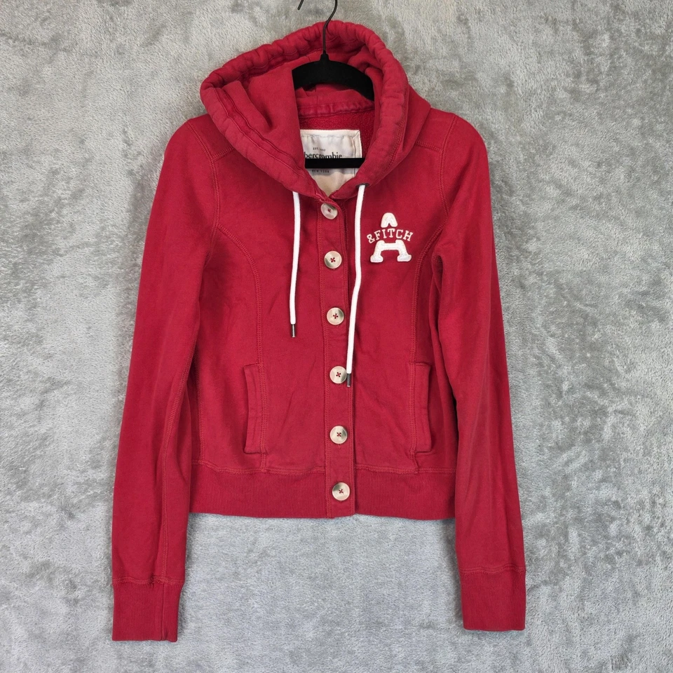 Женская толстовка с капюшоном Abercrombie & Fitch XS на красной пуговице спереди толстовка куртка аппликация - Изображение 1 из 4