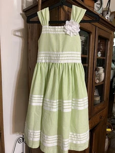 Bonnie Jean Girls Size 10 Green White Stripe Seersucker Dress Floral - Picture 1 of 8