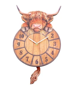 Nemesis Now Highland Cow Coo Wooden Pendulum Clock Farm Swinging Tail Tickin' - Picture 1 of 2