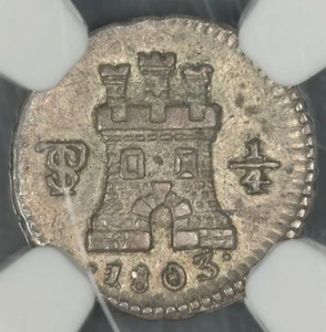1803-PTS NGC AU58 BOLIVIA 1/4 REAL EMO-743.2 EX. EMILIO M. ORTIZ COLLECTION - Picture 1 of 4