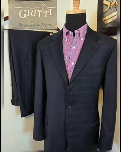 Zegna Gritti Plaid Suit 2 Pcs 44L / 34x33 Navy Check Wool Made in Italy - Picture 1 of 22