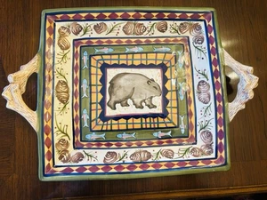 Zrike Field & Stream Anna Cullen Large 19" Handled Platter Tray HP Bear & Fish - Picture 1 of 7
