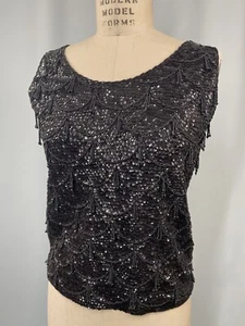 Top Vintage Lentejuelas Mujer TALLA 38 GRANDE Negro Cuentas Brillo Flecos Hong Kong - Imagen 1 de 12