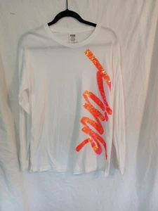 Camiseta Victoria Secret Rosa Bling Manga Larga Mujer Blanco Rosa Lentejuelas LOGO Pequeña - Imagen 1 de 14