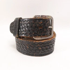Vintage Hand Tooled Western Belt Men 40 Black Distressed Silver Tone Buckle Adj - Picture 1 of 17