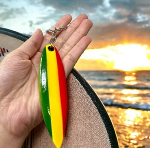 Rasta Color Surfboard Keychain - Wooden Reggae Surfer Style Accessory - Picture 1 of 8