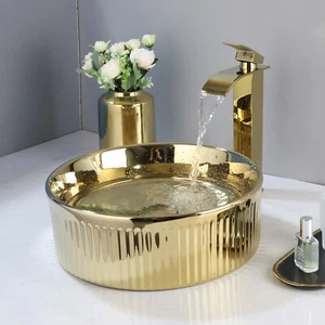 15"Gold Round Bathroom Vessel Sink Round Ceramic Vessel Sink Waterfall Tap Drain - Picture 1 of 10