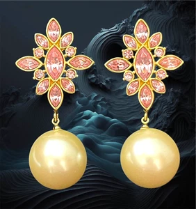 Signed Monet Pink Glass Rhinestones Clip-on Earrings Large Dangling Pearl Runway - Picture 1 of 8
