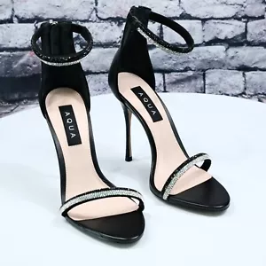 AQUA: Olivia Embellished Ankle Strap Rhinestone High Heel Sandals in Black - Picture 1 of 5