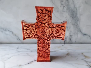 Floral Rose Carved Cross - Australian Made - Jarrah Hardwood - NEW - Picture 1 of 11
