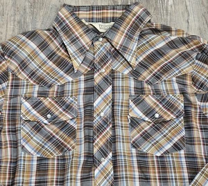 VTG 70s Levis Sportswear Western White Tab Big E Plaid Pearl Snap Shirt Mens XL - Picture 1 of 7