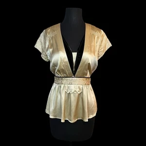 BCBG Maxazria Champagne Silk Y2K Babydoll Top Womens S Coquette Cottagecore - Picture 1 of 12
