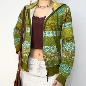 Chaqueta con Capucha Billabong Y2k 00s Estilo Retazos a Rayas Cremallera Mediana Hippie Boho - Imagen 1 de 11