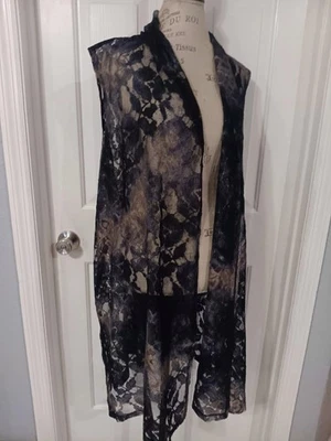 SUSAN GRAVER ~ CHALECO LARGO DE ENCAJE transparente PLUMERO frente abierto ~ romántico ~ HERMOSO ~ talla 2X Foto 1 de 4