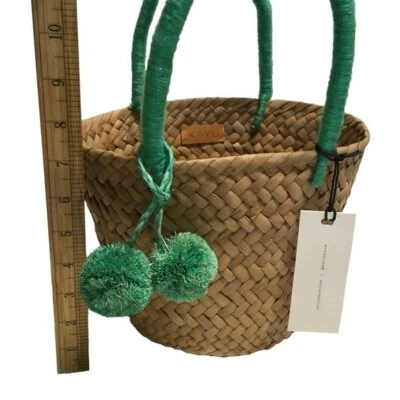 KAYU Mini St Tropez Straw Tote Bag Pom Pom Natural Sea foam Green Travel Resort - Image 1 of 4