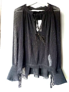 NWT ZARA FLOWY PLEATED SEMI-SHEER TIE-NECK SWISS DOT BLOUSE TOP - BLACK SIZE XL - Picture 1 of 9